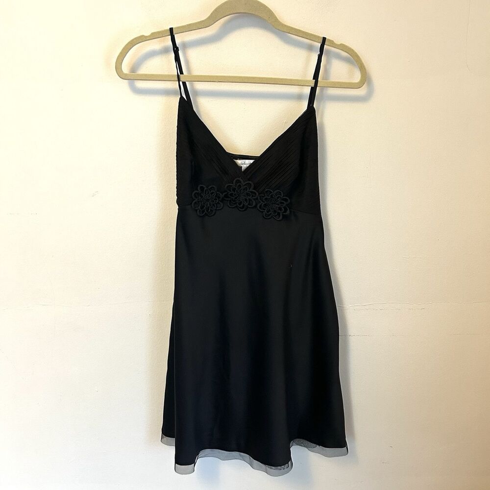 Delicates Satin Slip Dress Nightie Slip Babydoll Black Flowers Y2K NWT M